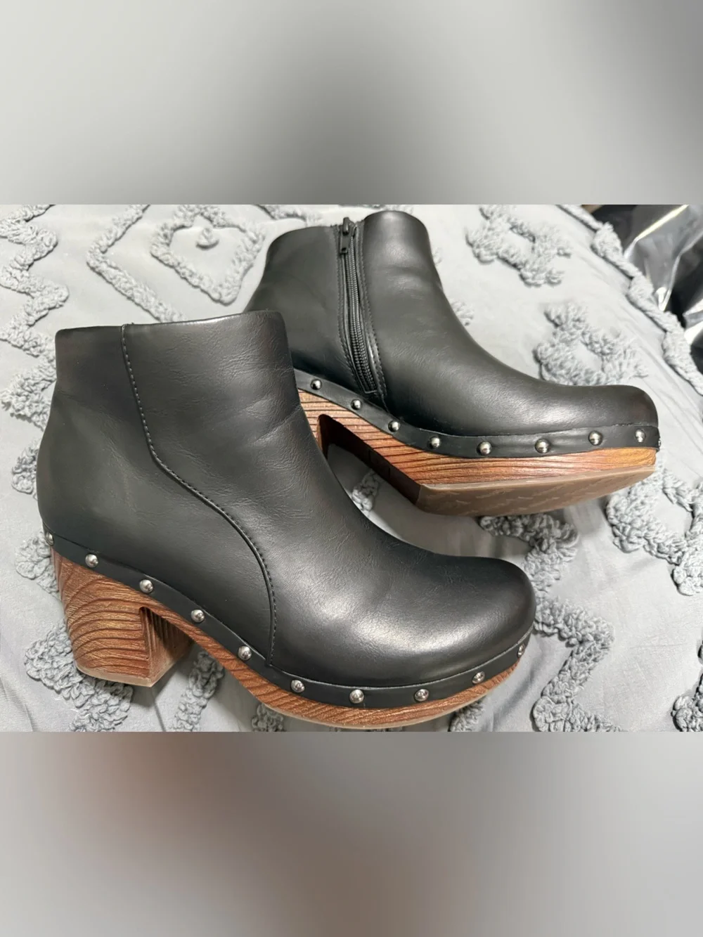Like NEW -Kork-Ease Black Leather Studded Clog Ankle Boots with Wood-Effect Heel